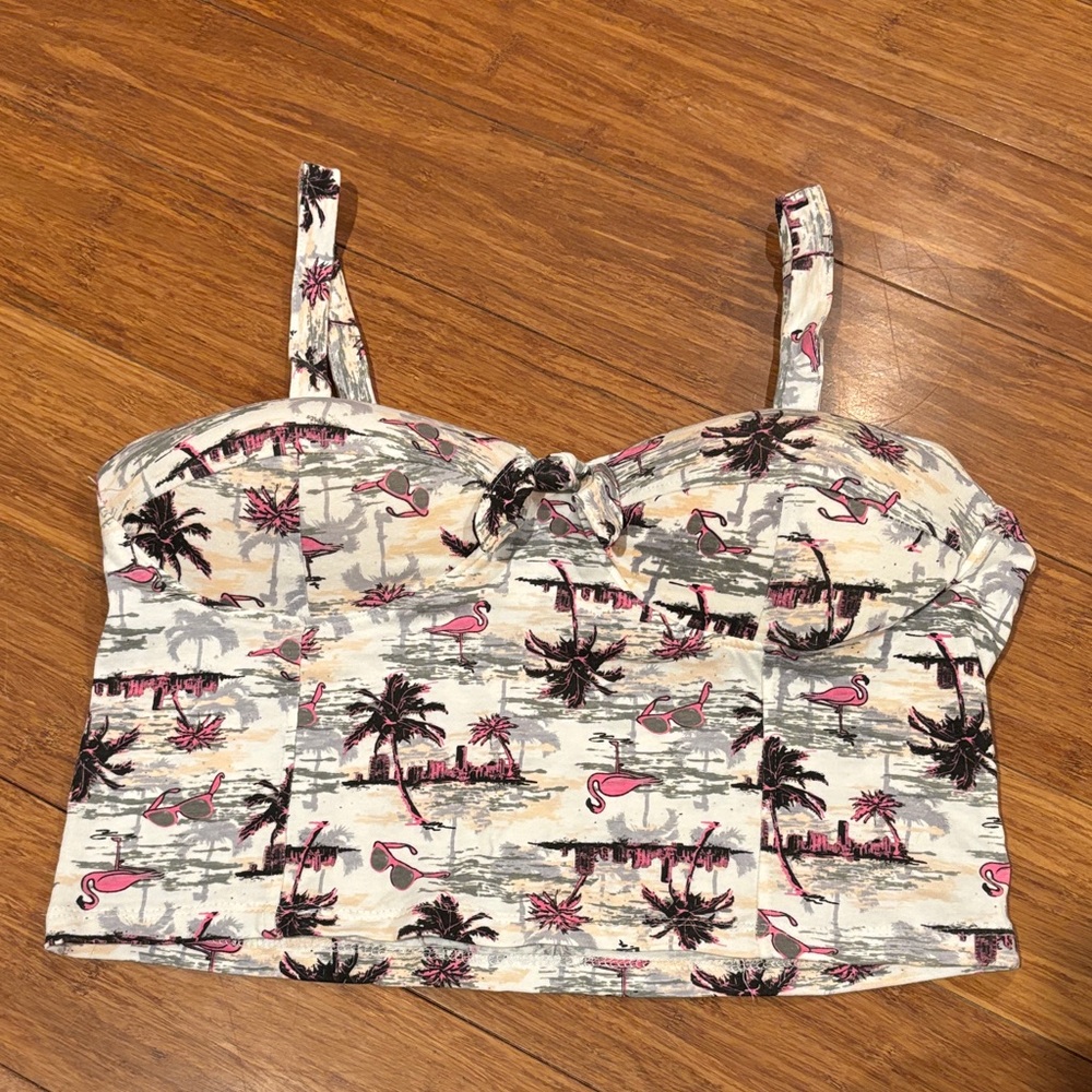One Step Ahead Flamingo and Palm Print Crop Top